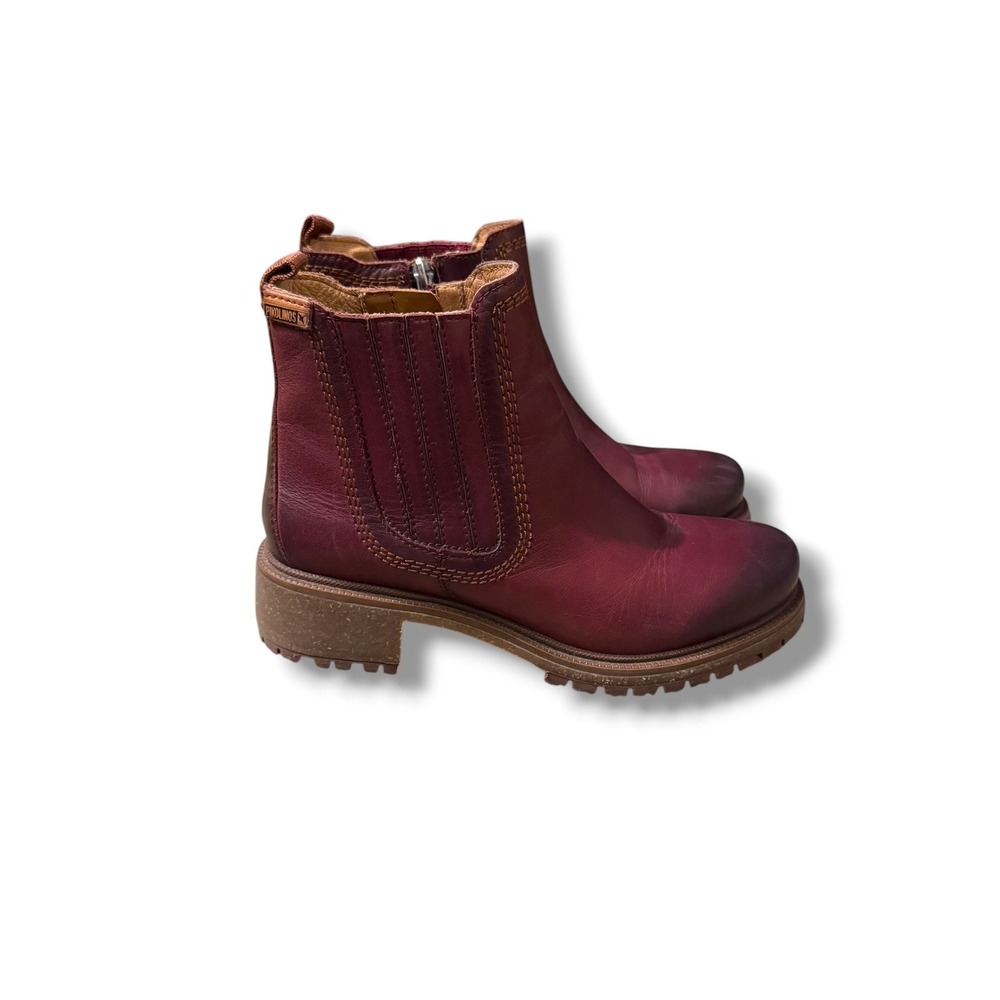 Pikolinos‎ Aspe Leather Ankle Boots 36 Burgundy Burnished Chelsea Lug Sole Zip